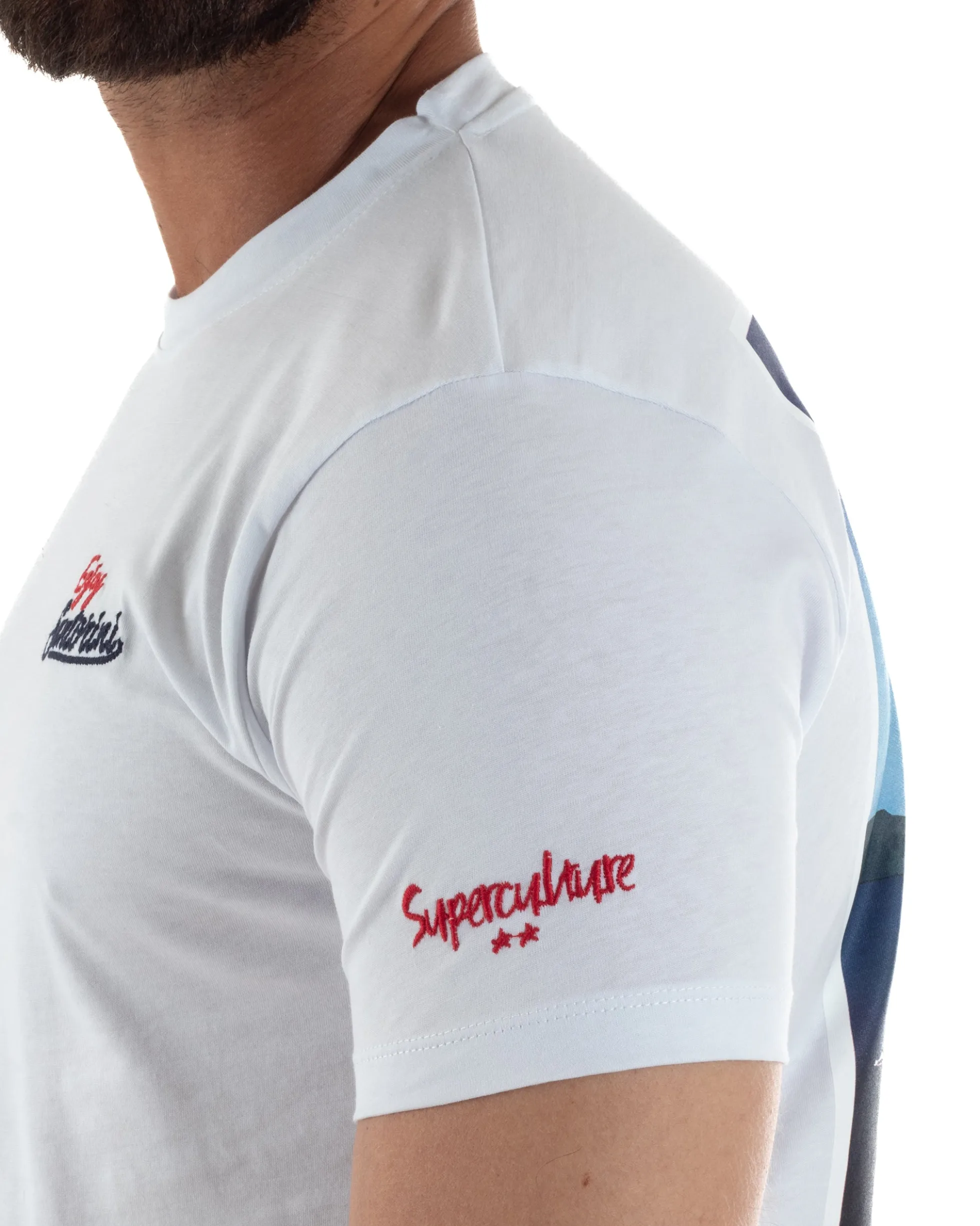 T-shirt uomo girocollo ricamo stampa santorini basic bianco SUPERCULTURE-A1831