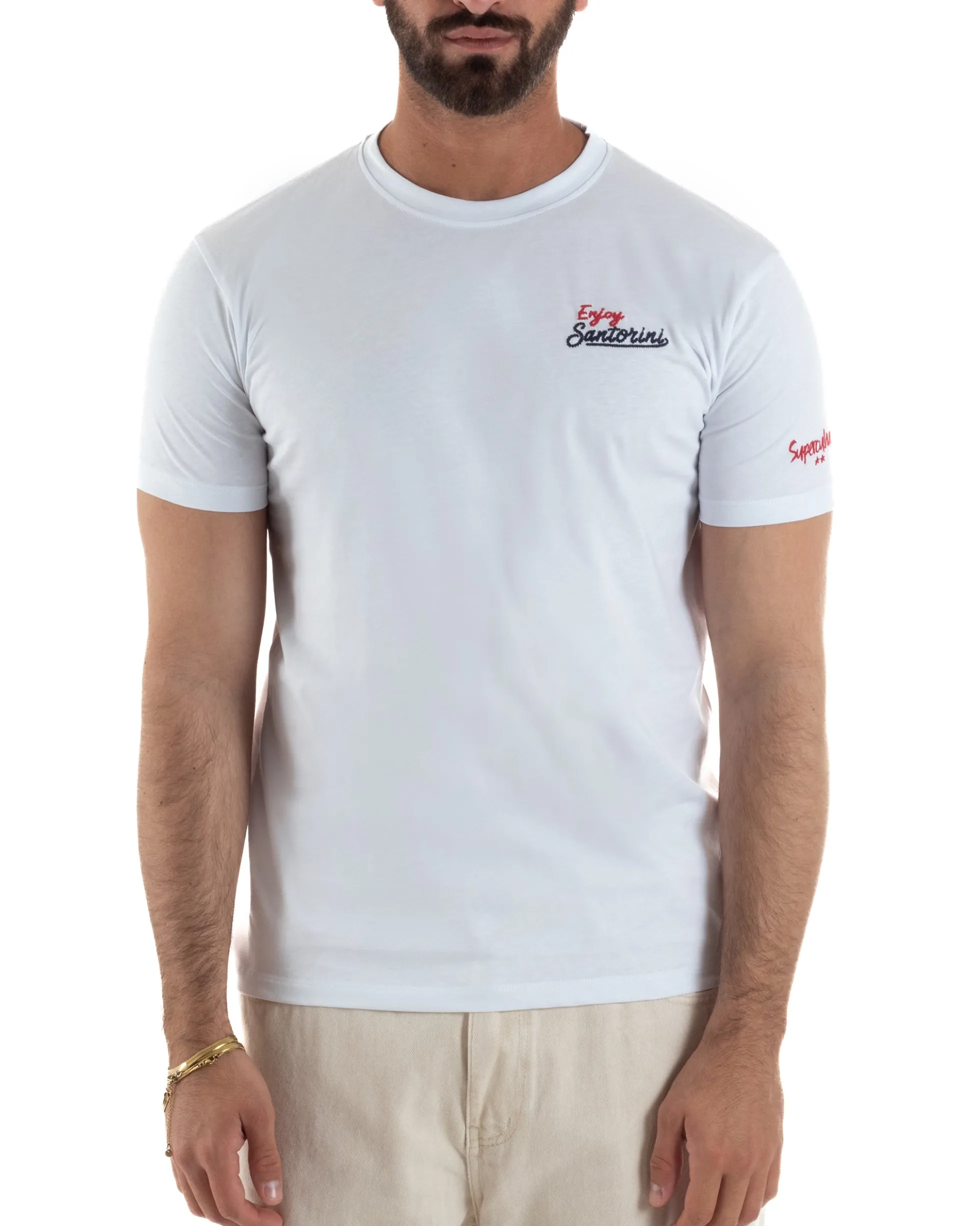 T-shirt uomo girocollo ricamo stampa santorini basic bianco SUPERCULTURE-A1831