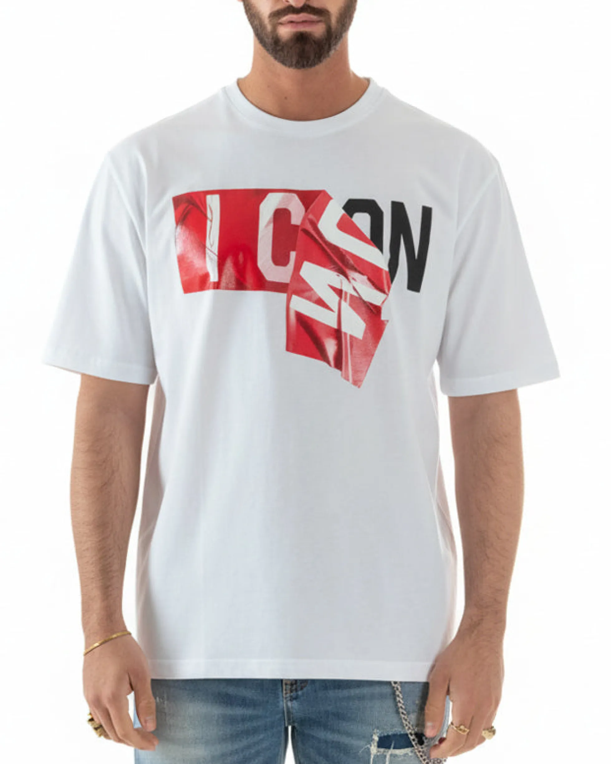 T-shirt uomo girocollo stampa basic bianco ICON IUT012