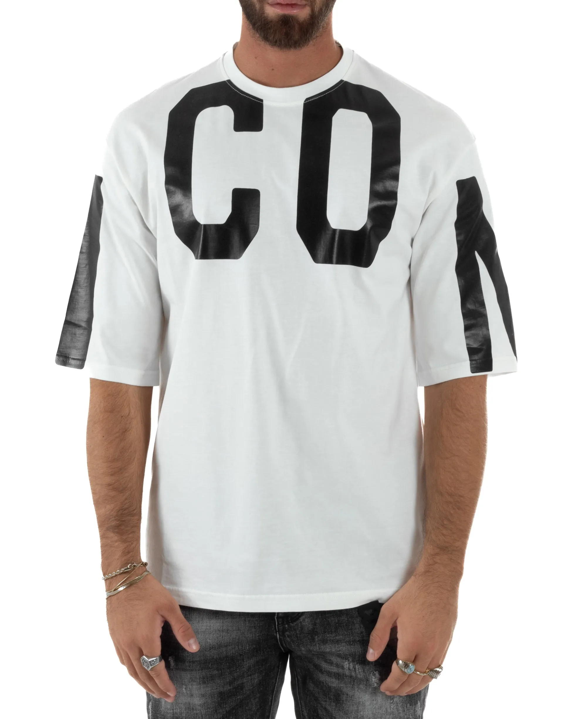 T-shirt Uomo Girocollo Stampa Basic Oversize Bianco ICON ICUF2W6T006
