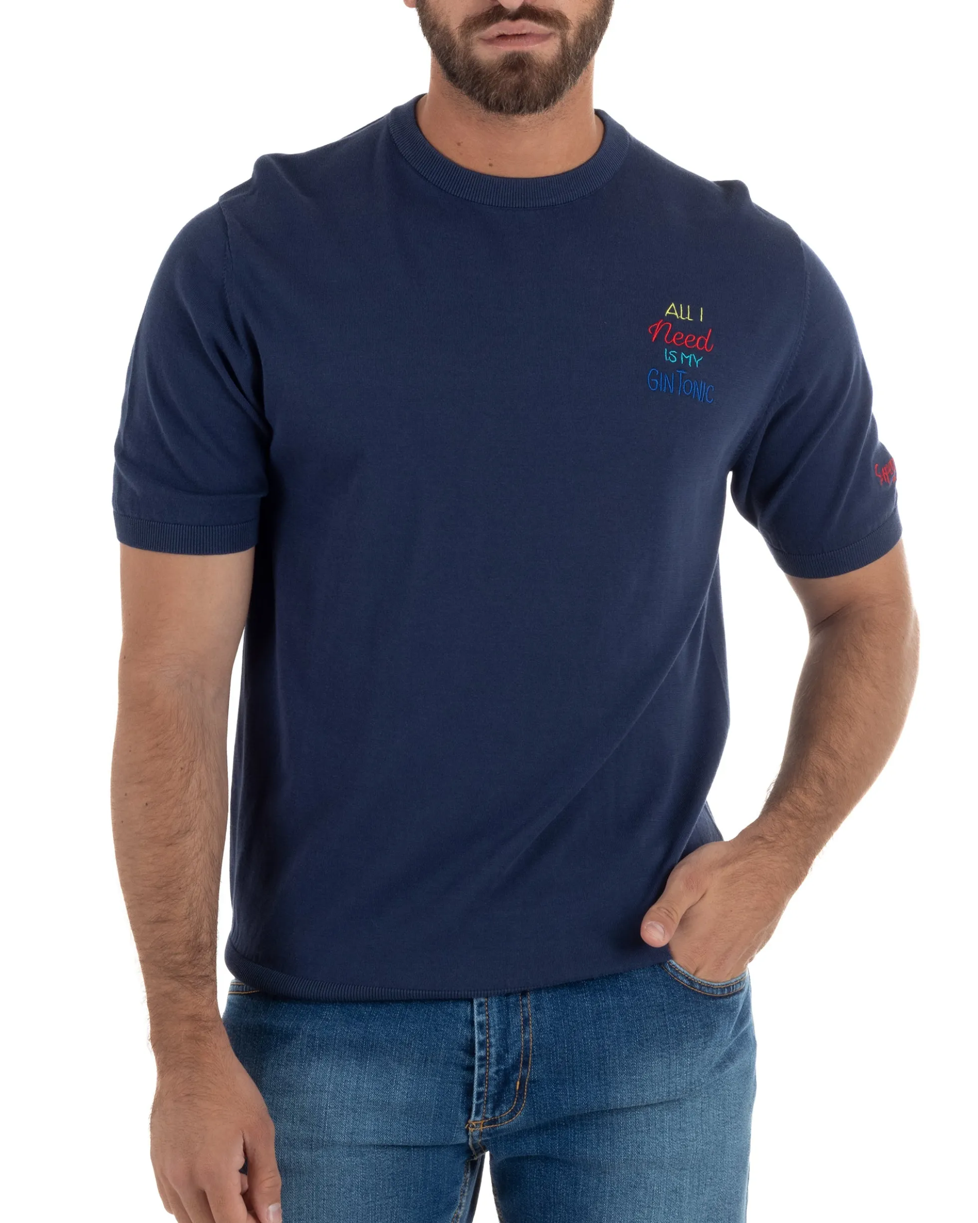 T-Shirt uomo maglia filo con ricamo ALL I NEED IS MY GIN TONIC leggera blu SUPERCULTURE-AK6009