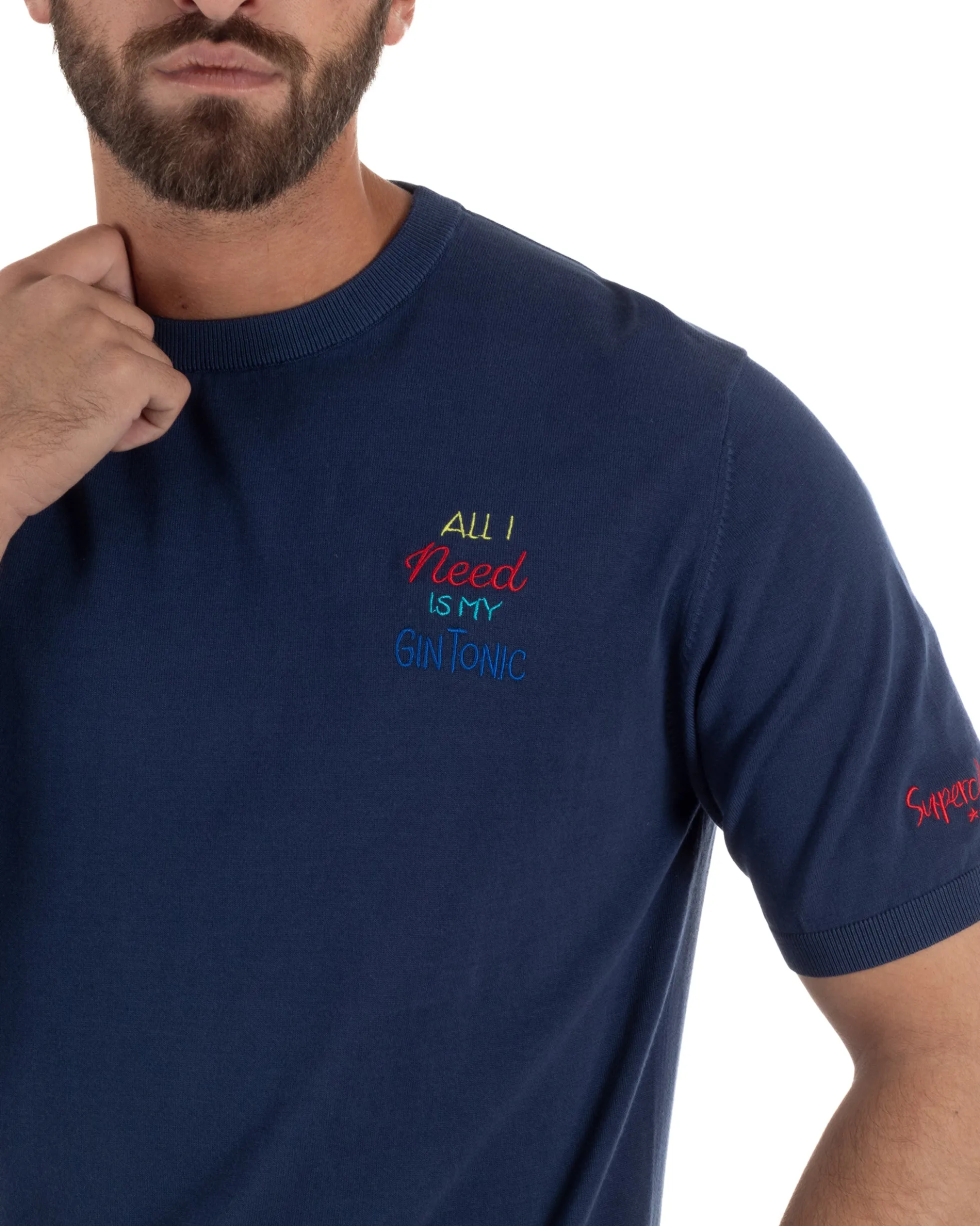 T-Shirt uomo maglia filo con ricamo ALL I NEED IS MY GIN TONIC leggera blu SUPERCULTURE-AK6009