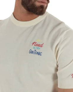 T-shirt uomo maglia filo con ricamo ALL I NEED IS MY GIN TONIC leggera panna SUPERCULTURE-AK6009