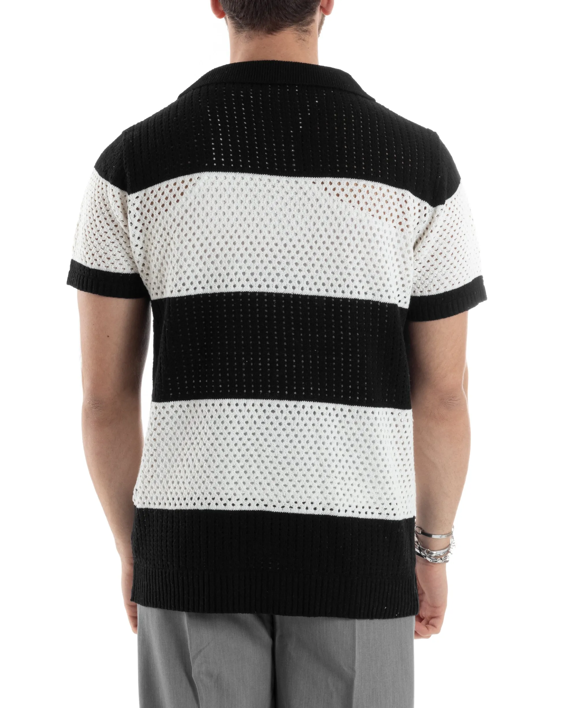 T-shirt Uomo Maglia Polo Traforata Ricamata Cardigan Manica Corta Con Bottoni A Righe Nero Casual GIOSAL-TS3001A