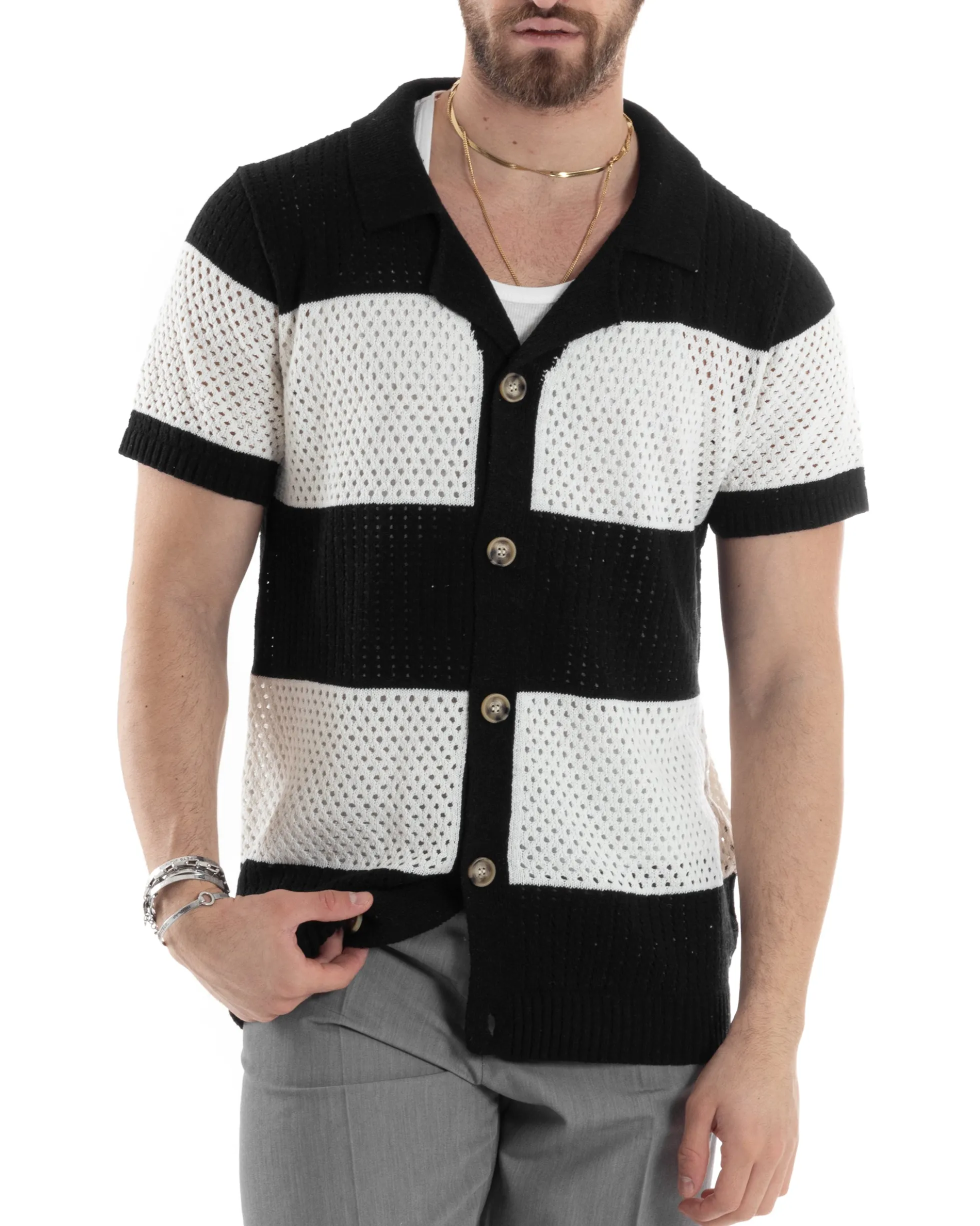 T-shirt Uomo Maglia Polo Traforata Ricamata Cardigan Manica Corta Con Bottoni A Righe Nero Casual GIOSAL-TS3001A