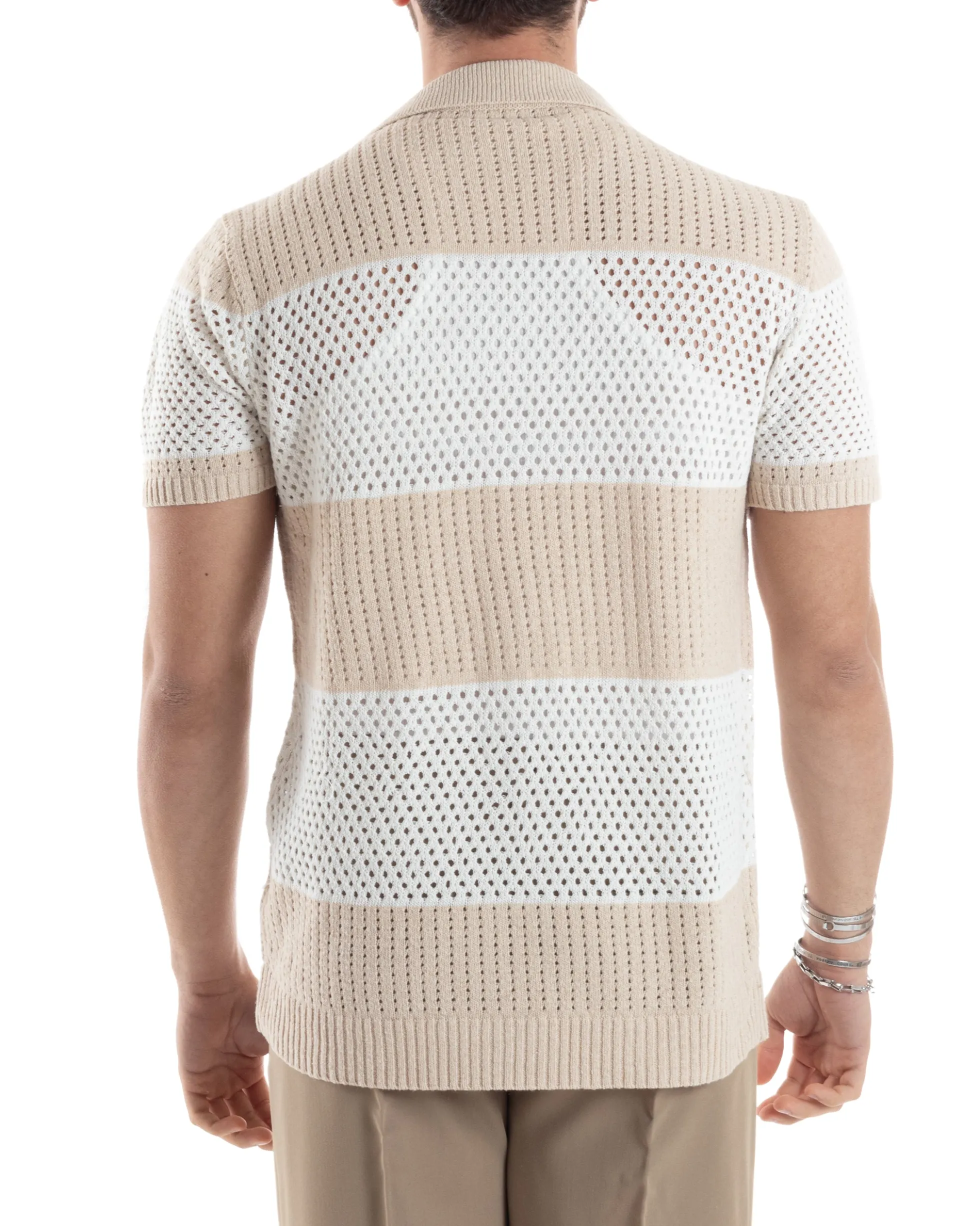 T-shirt Uomo Maglia Polo Traforata Ricamata Cardigan Manica Corta Con Bottoni A Righe Beige Casual GIOSAL-TS3002A