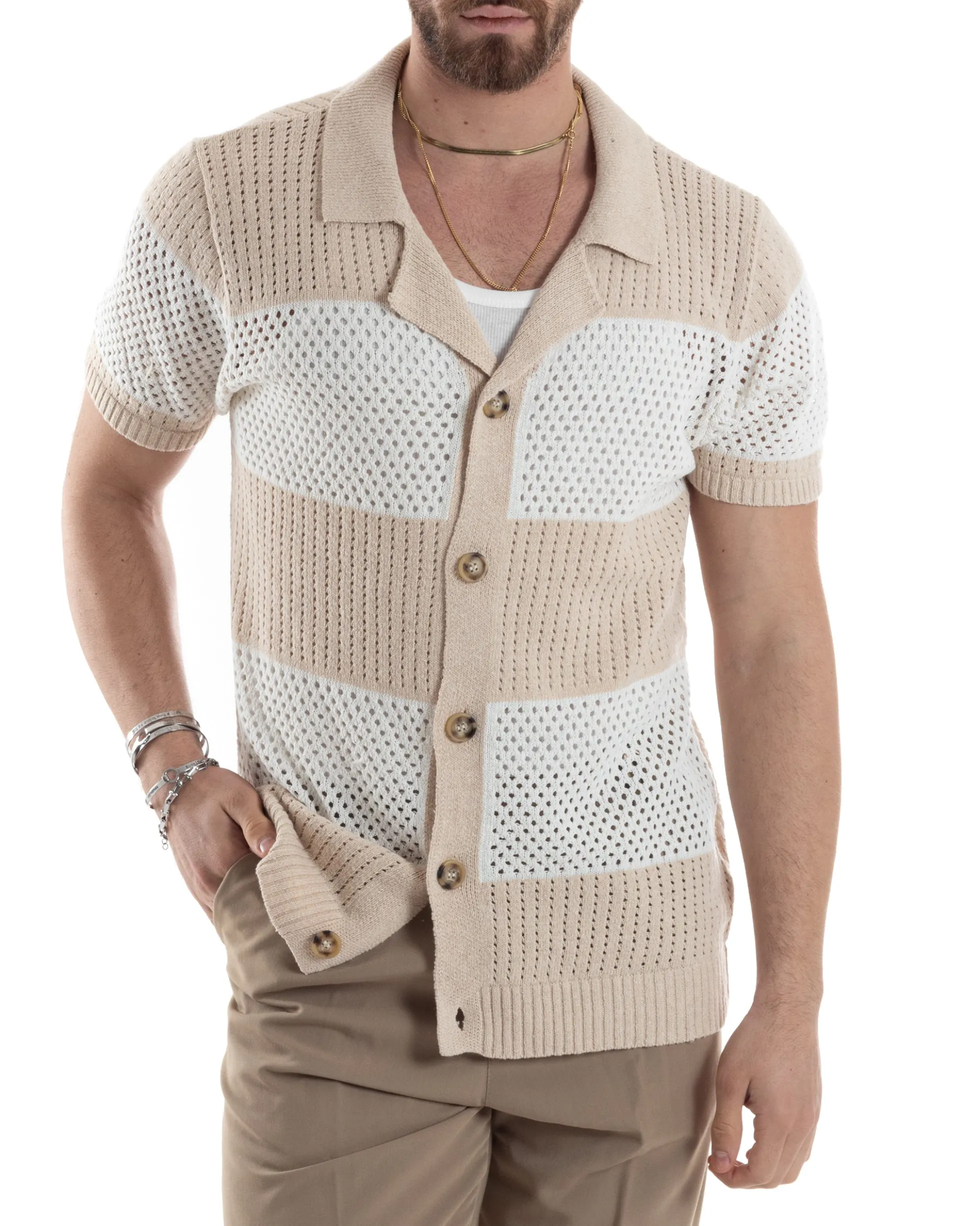 T-shirt Uomo Maglia Polo Traforata Ricamata Cardigan Manica Corta Con Bottoni A Righe Beige Casual GIOSAL-TS3002A