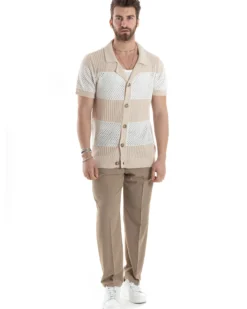 T-shirt Uomo Maglia Polo Traforata Ricamata Cardigan Manica Corta Con Bottoni A Righe Beige Casual GIOSAL-TS3002A