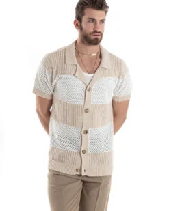 T-shirt Uomo Maglia Polo Traforata Ricamata Cardigan Manica Corta Con Bottoni A Righe Beige Casual GIOSAL-TS3002A