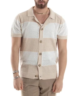 T-shirt Uomo Maglia Polo Traforata Ricamata Cardigan Manica Corta Con Bottoni A Righe Beige Casual GIOSAL-TS3002A
