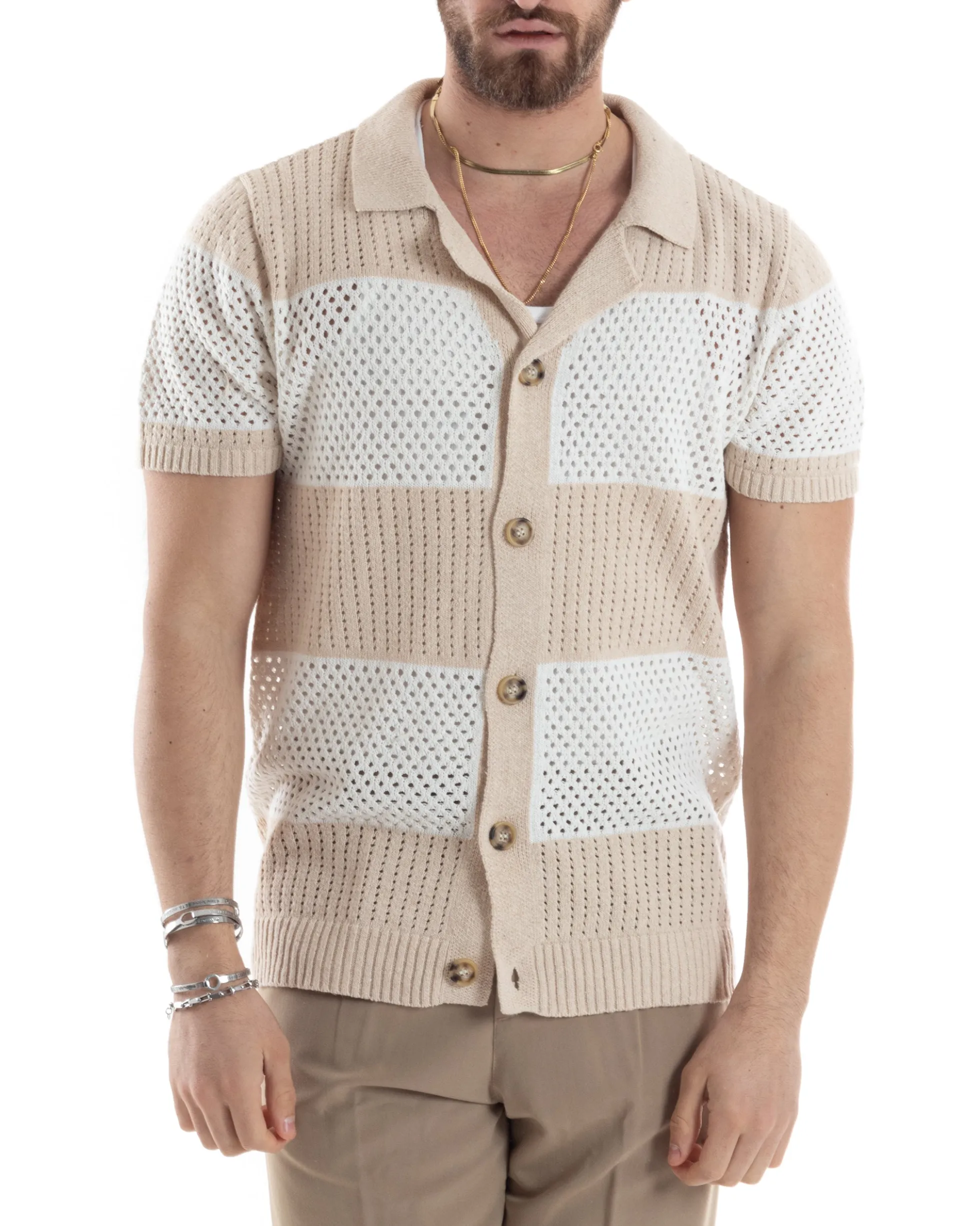 T-shirt Uomo Maglia Polo Traforata Ricamata Cardigan Manica Corta Con Bottoni A Righe Beige Casual GIOSAL-TS3002A
