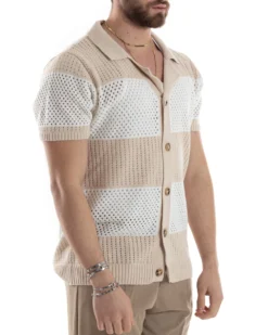 T-shirt Uomo Maglia Polo Traforata Ricamata Cardigan Manica Corta Con Bottoni A Righe Beige Casual GIOSAL-TS3002A