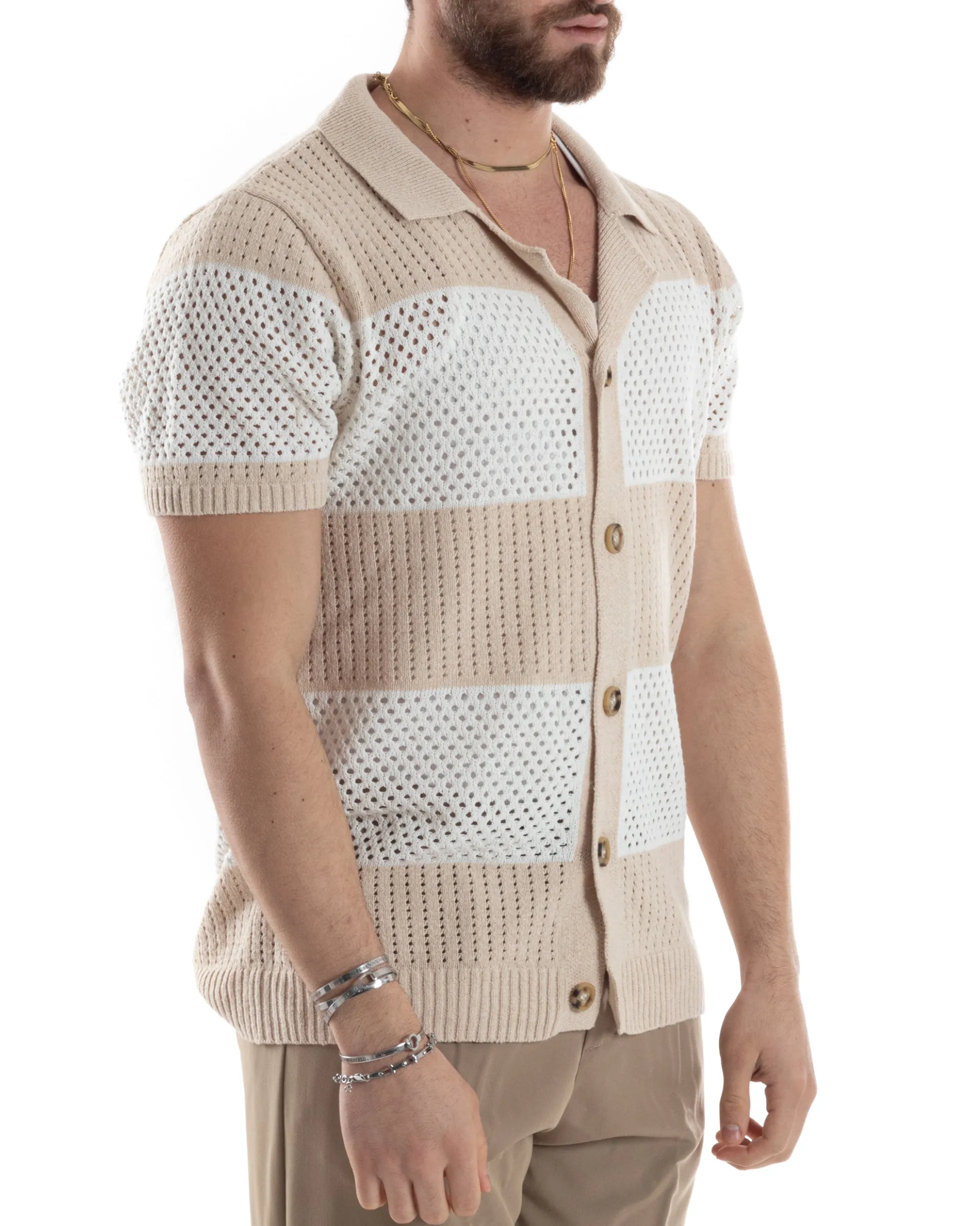 T-shirt Uomo Maglia Polo Traforata Ricamata Cardigan Manica Corta Con Bottoni A Righe Beige Casual GIOSAL-TS3002A