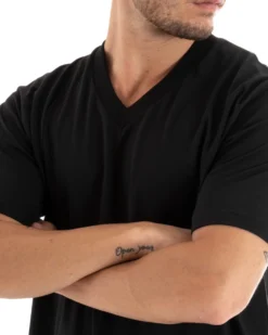 T-shirt Uomo Maglia Tinta Unita Nera Oversize Scollo a V Basic Casual GIOSAL-TS2882A