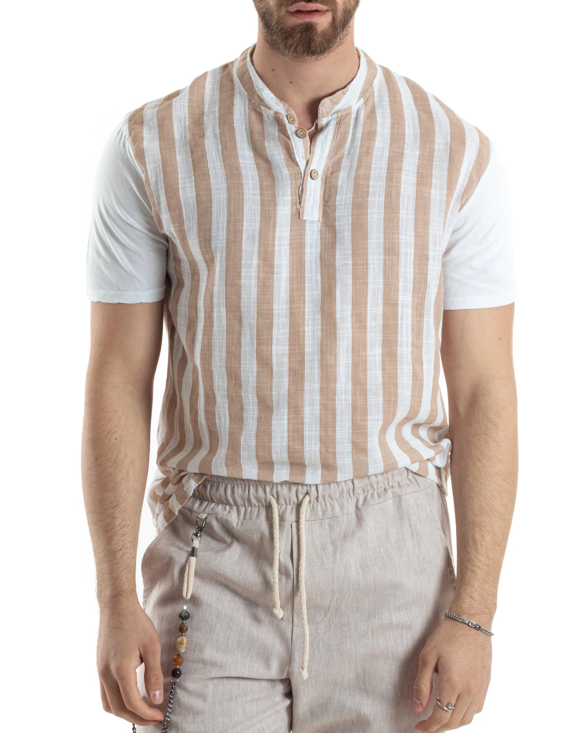 T-shirt Uomo Maniche Corte Serafino Con Bottoni Cotone Lino Casual Rigata Bicolore Beige GIOSAL-TS3029A