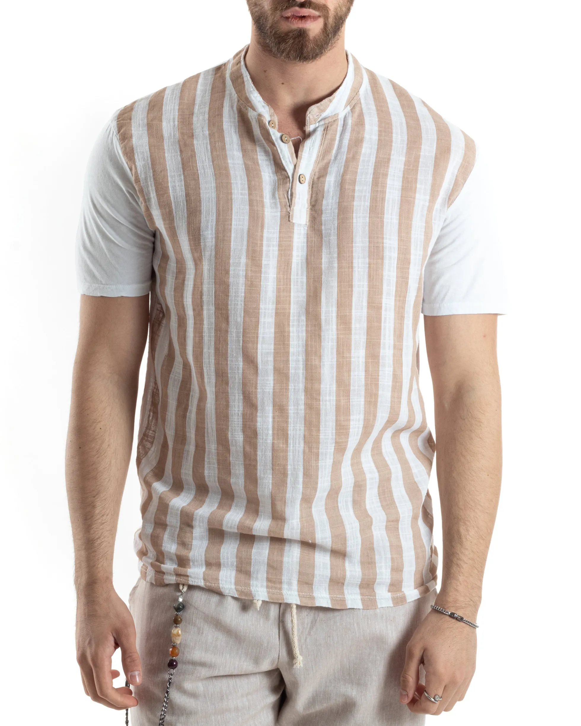T-shirt Uomo Maniche Corte Serafino Con Bottoni Cotone Lino Casual Rigata Bicolore Beige GIOSAL-TS3029A