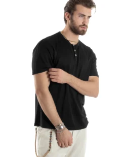 T-shirt Uomo Maniche Corte Viscosa Collo Serafino Maglia Con Bottoni Casual Nero GIOSAL-TS3036A