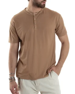 T-shirt Uomo Maniche Corte Viscosa Collo Serafino Maglia Con Bottoni Casual Camel GIOSAL-TS3038A
