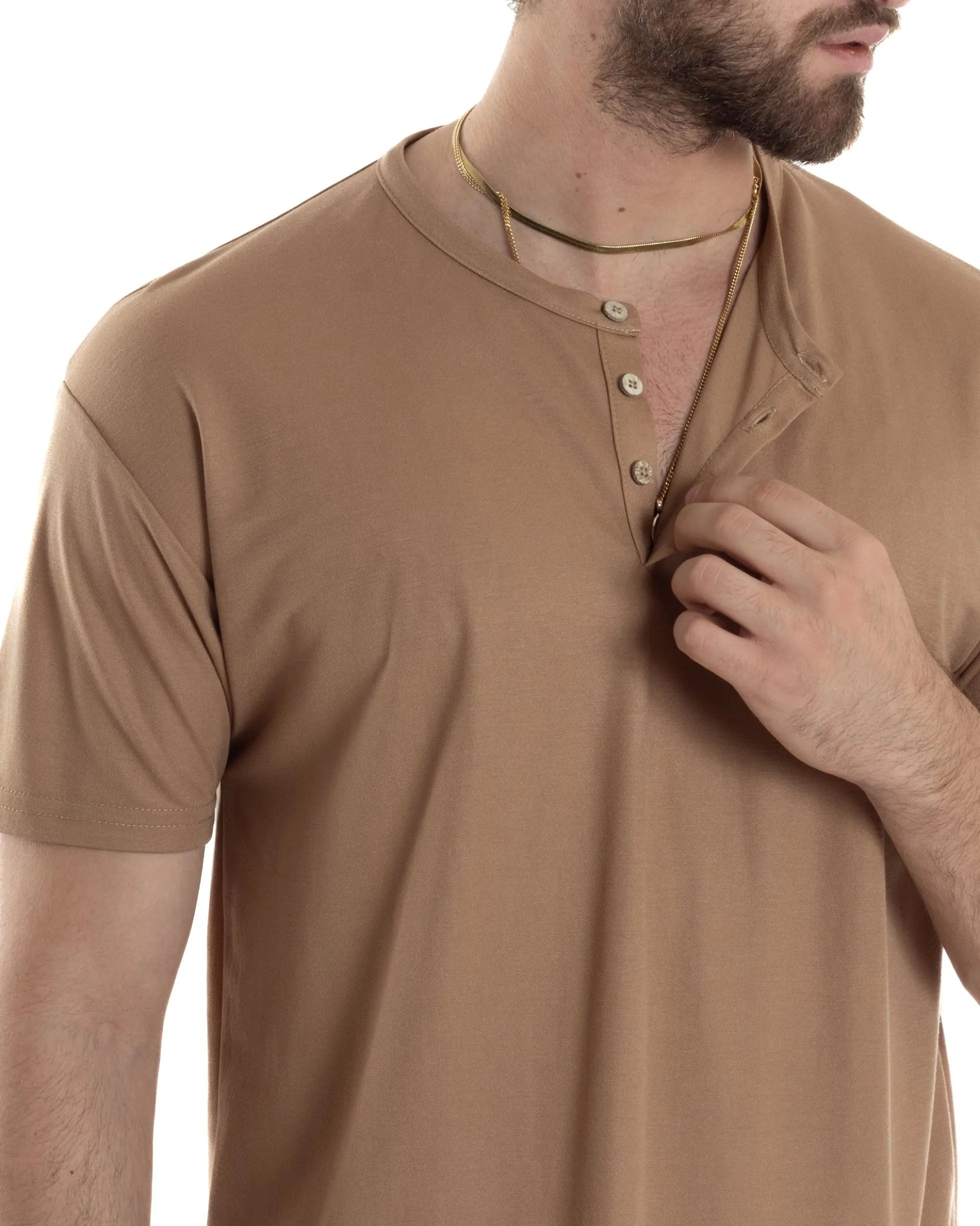 T-shirt Uomo Maniche Corte Viscosa Collo Serafino Maglia Con Bottoni Casual Camel GIOSAL-TS3038A
