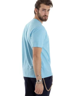 T-shirt Uomo Maniche Corte Viscosa Collo Serafino Maglia Con Bottoni Casual Azzurro GIOSAL-TS3037A