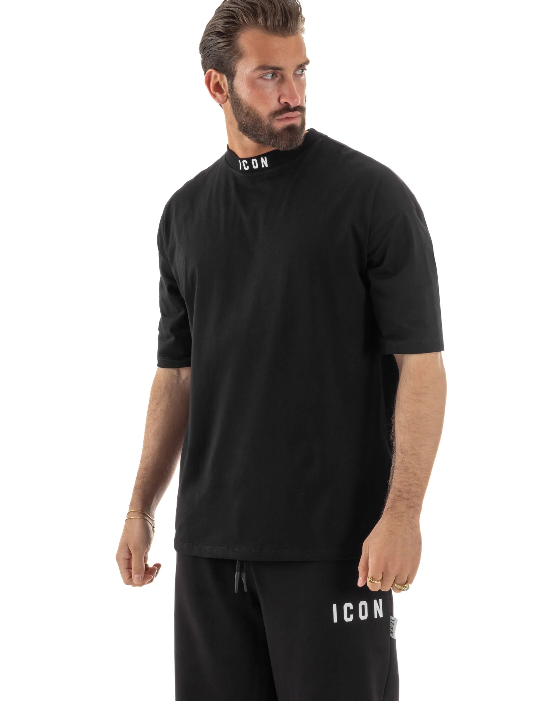 T-shirt uomo mezzo collo stampa basic oversize gola alta nero ICON IUT008