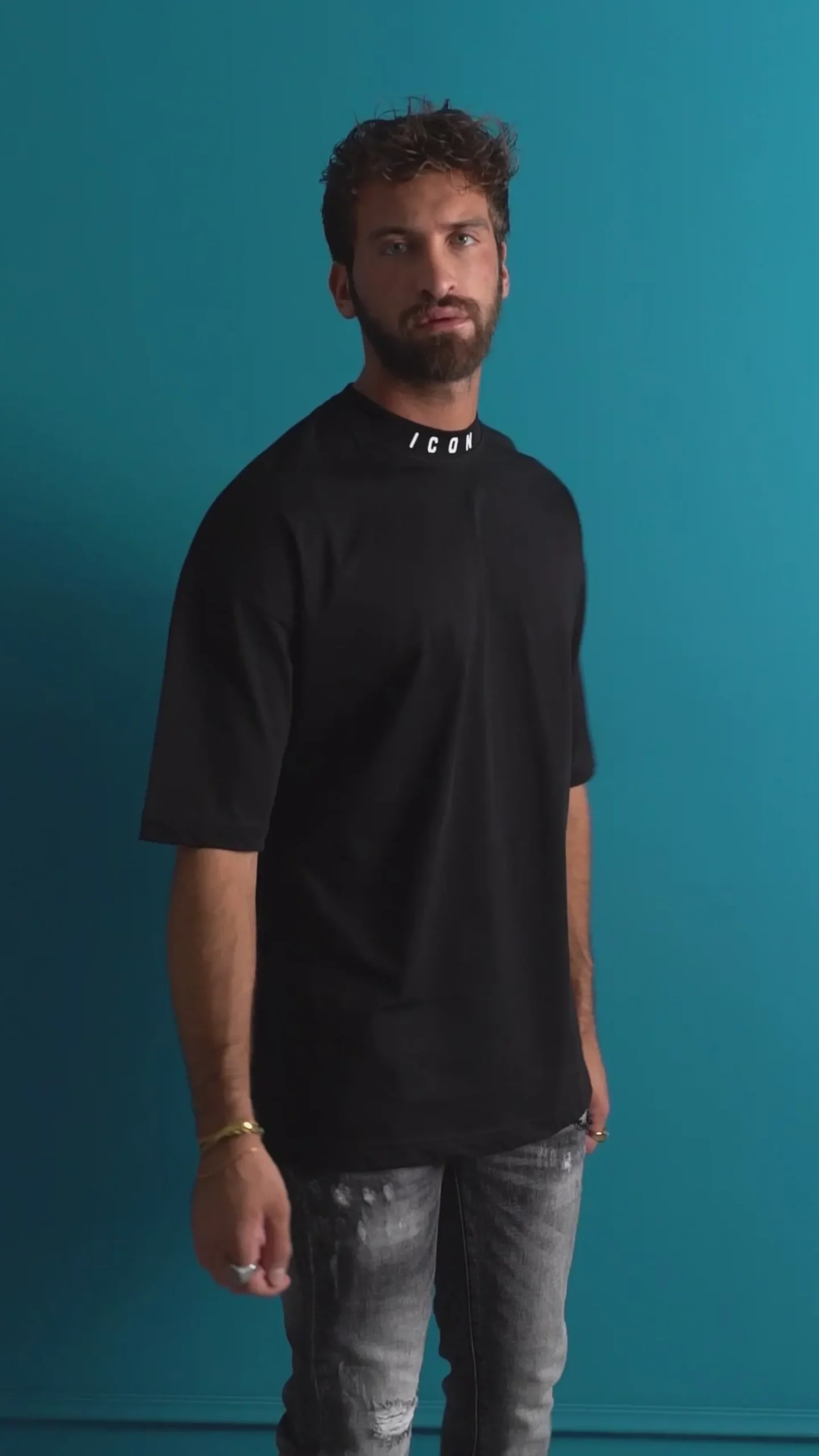 T-shirt Uomo Mezzo Collo Stampa Basic Oversize Gola Alta Nero ICON ICUF2W6T007