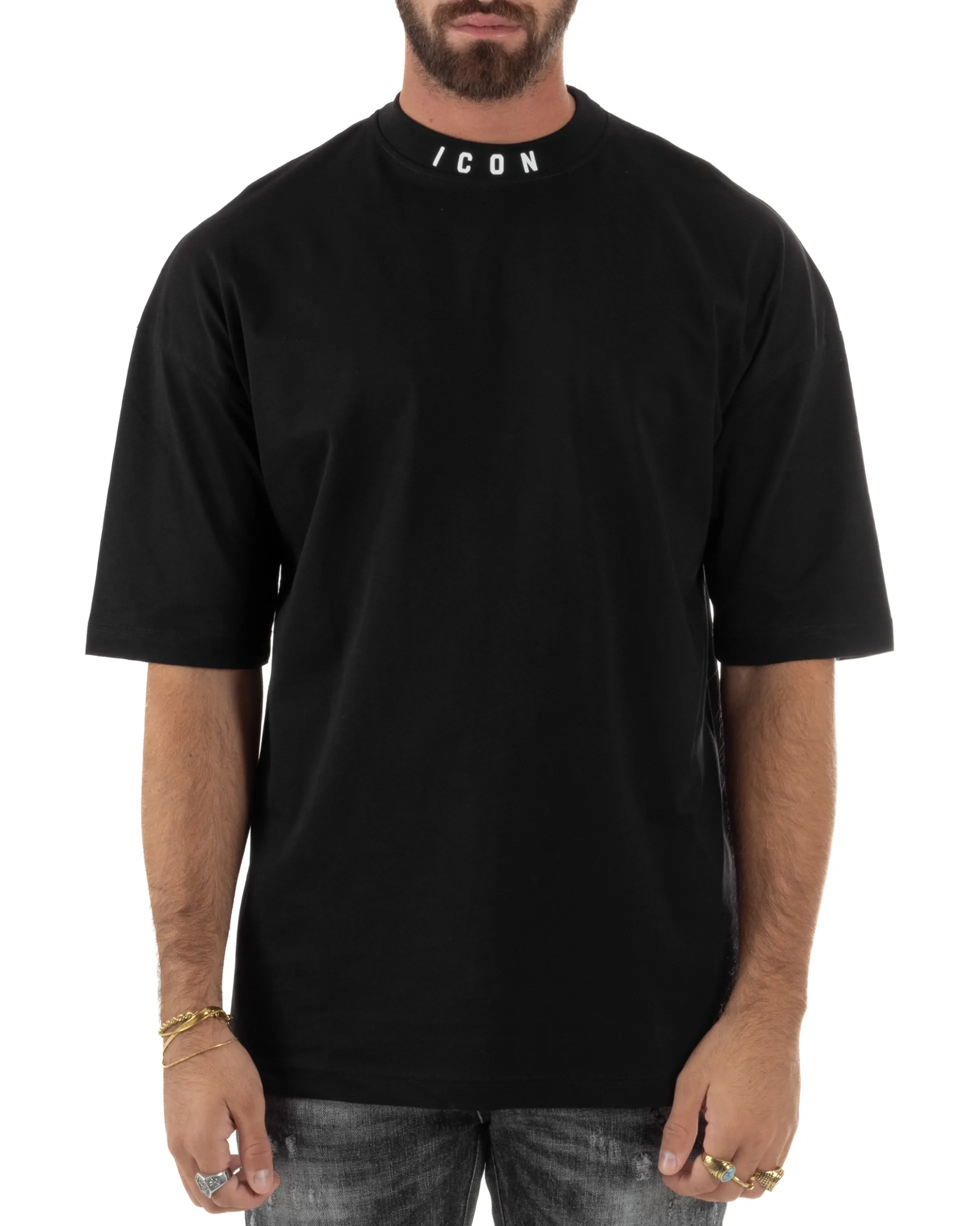 T-shirt Uomo Mezzo Collo Stampa Basic Oversize Gola Alta Nero ICON ICUF2W6T007