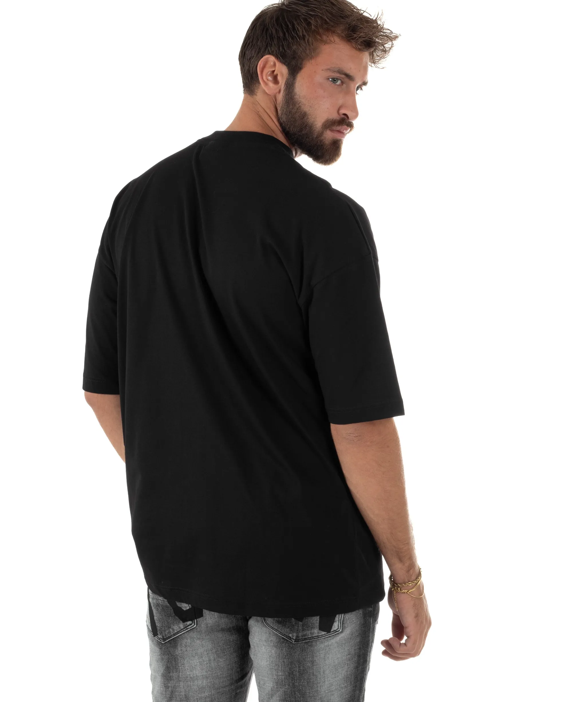 T-shirt Uomo Mezzo Collo Stampa Basic Oversize Gola Alta Nero ICON ICUF2W6T007