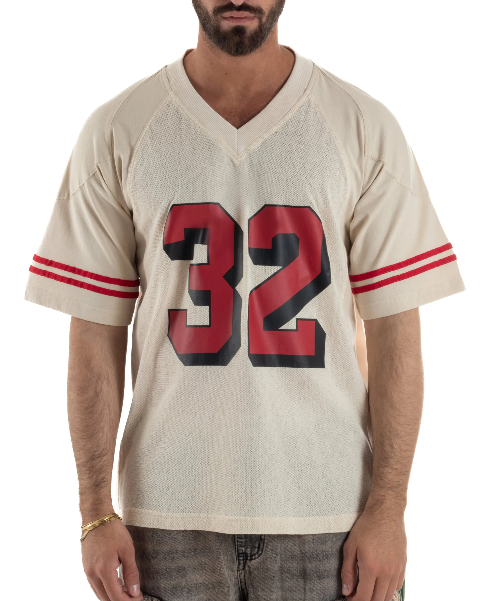 T-shirt uomo vintage football jersey scollo v traforata panna BERNA M-261248