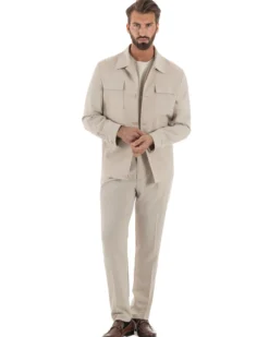 Vestito uomo viscosa completo giacca camicia sahariana pantaloni beige GIOSAL-AE1243A