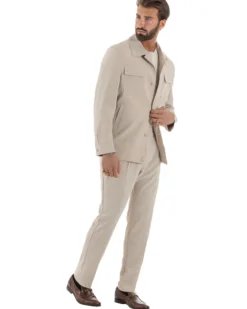 Vestito uomo viscosa completo giacca camicia sahariana pantaloni beige GIOSAL-AE1243A